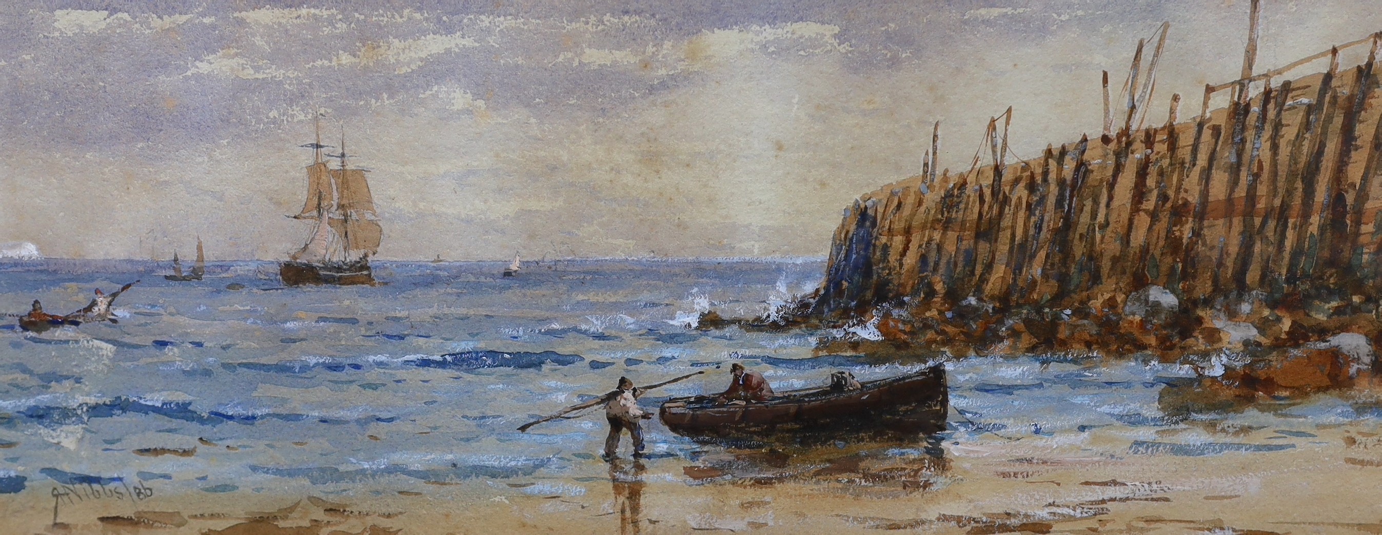 Richard Henry Nibbs (1816-1893), watercolour, Fisherfolk along the coast, signed and dated '86, 20 x 48cm